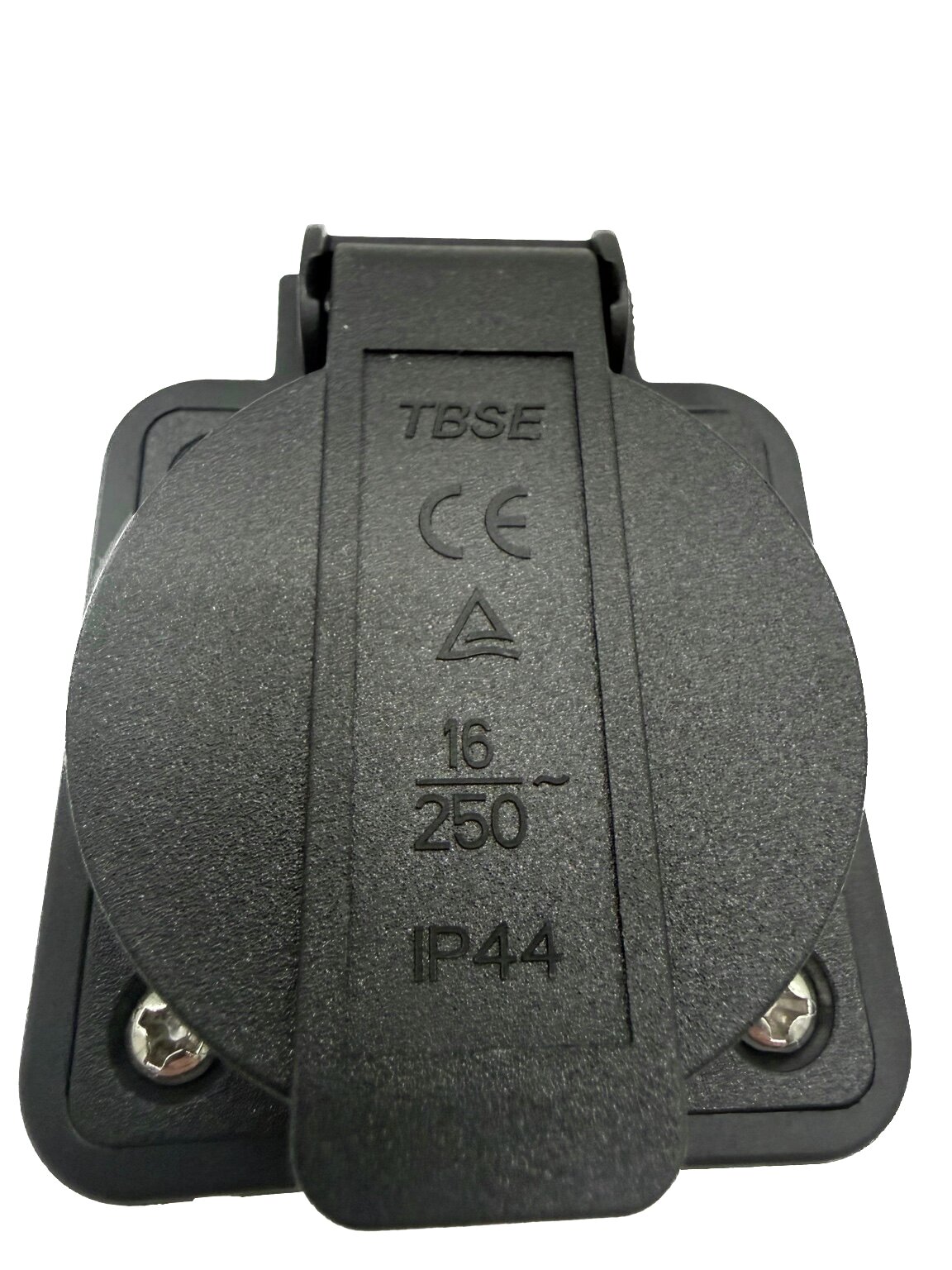 Mærkning på Schuko-udtagets beskyttelsesklap på V2LPower P02: TBSE, CE, 16/250 V~ og IP44
