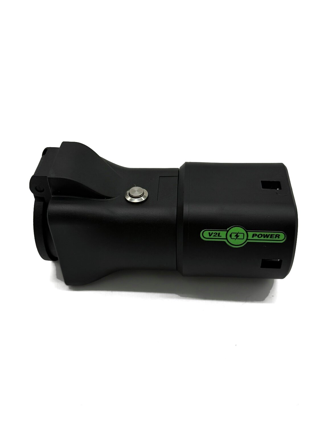 V2LPower P02 V2L-adapter set fra modsat side med Type 2-stik og Schuko-udtag med beskyttelsesklap