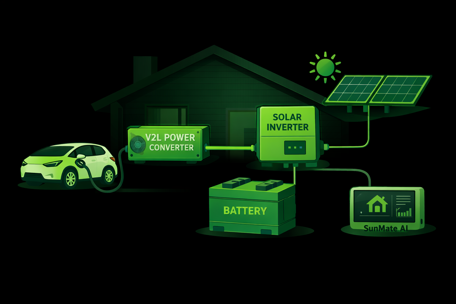 Read more about the article Bil til hus: solcelleinverter + hjemmebatteri + Sunmate AI – og V2L som ekstra strøm