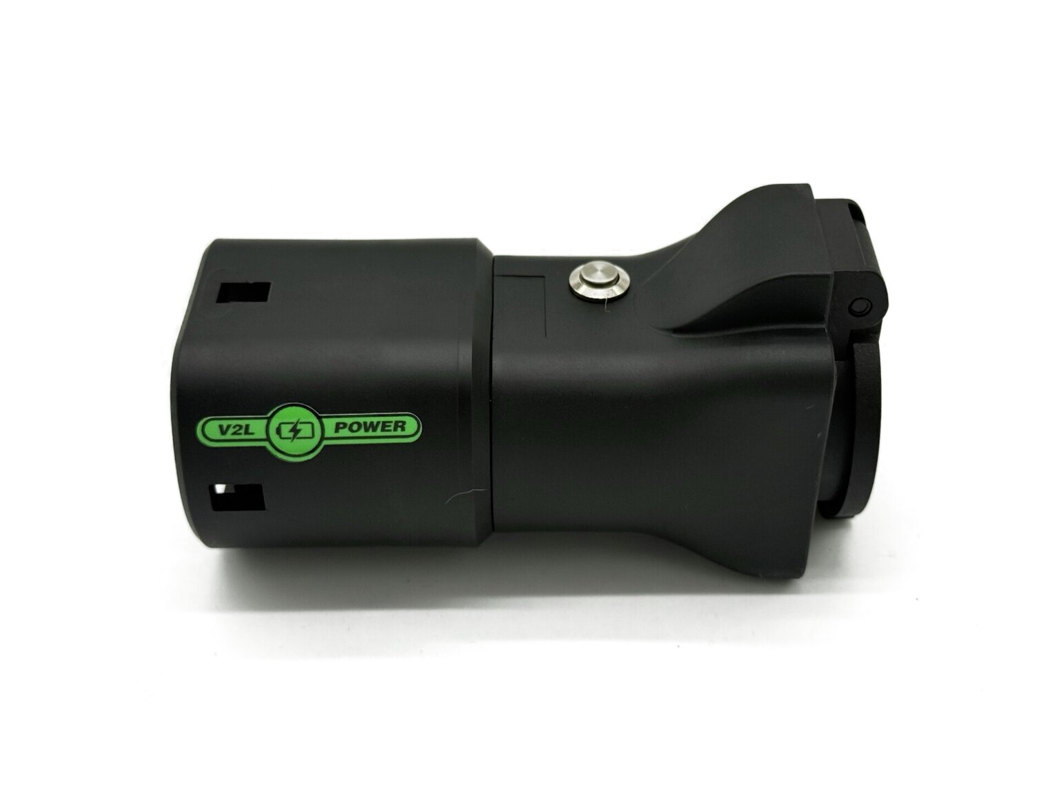 V2LPower P11 Type 2 til Schuko V2L-adapter set fra siden med V2L POWER-logo