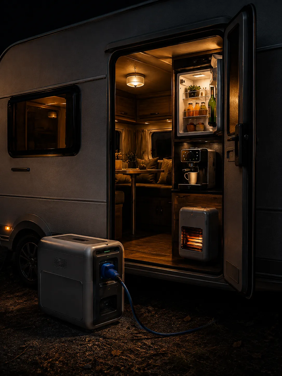 Ljus, kylskåp, kaffebryggare och värme i husvagnen