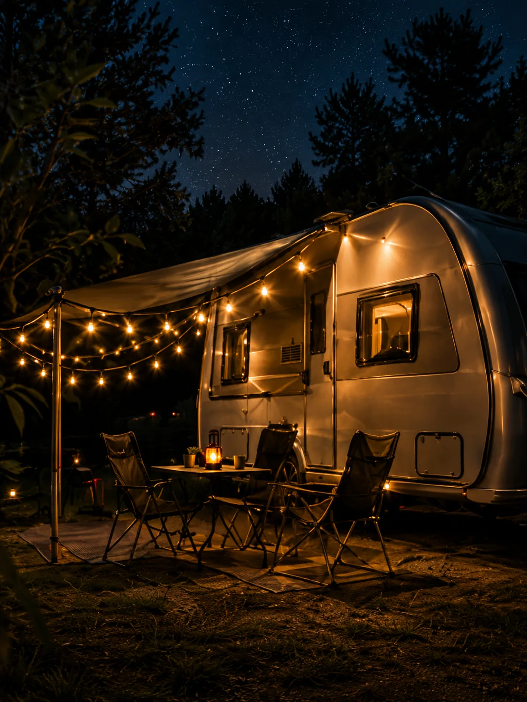 Husvagn med lampor på en campingplats under stjärnorna
