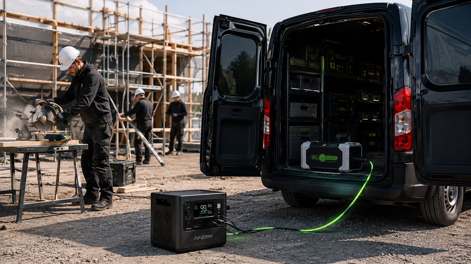 Kommersiella fordon med V2LPower-växelriktare och AFERIY-kraftstation på byggarbetsplats