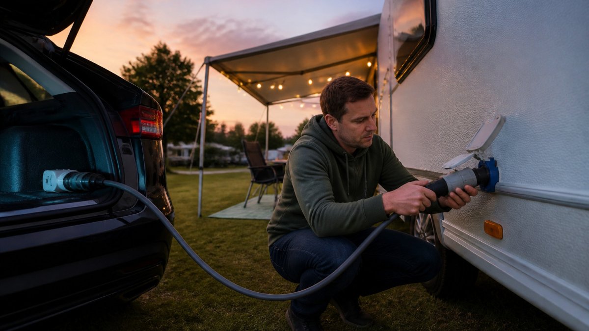 Hænder forbinder et gråt V2L-adapterkabel fra en elbil til en campingvogns blå CEE-stik ved skumringstid.