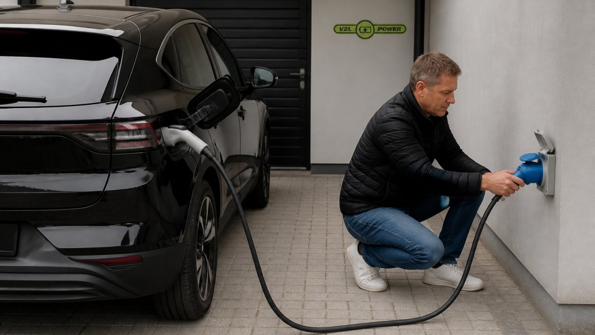 En elbil parkeret i en indkørsel med et V2L-adapterkabel tilsluttet bilens ladeport, ført frem til et blåt CEE-stik på en væg, mens en person kontrollerer forbindelsen